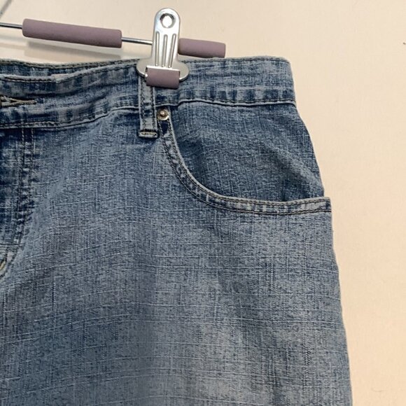 Y2K Stone Jeans Denim Midi Skirt Size 15 Fit 14/16 Back Slit Embroidered Pocket - Picture 2 of 9